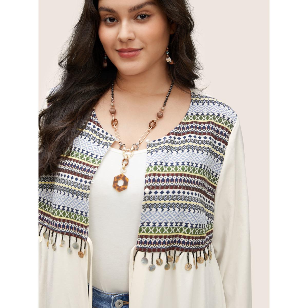 Plus Size Bandana Patchwork Style Accents Tassel Kimono Women Ivory Resort Tassels Vacation Kimonos BloomChic 22-24/3X Product Image