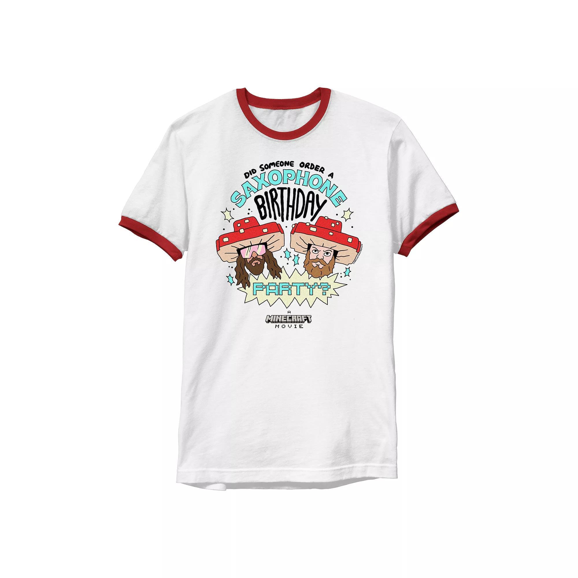 Men's Minecraft Saxophone Birthday Party Ringer Graphic Tee, Size: Large, White Red Product Image