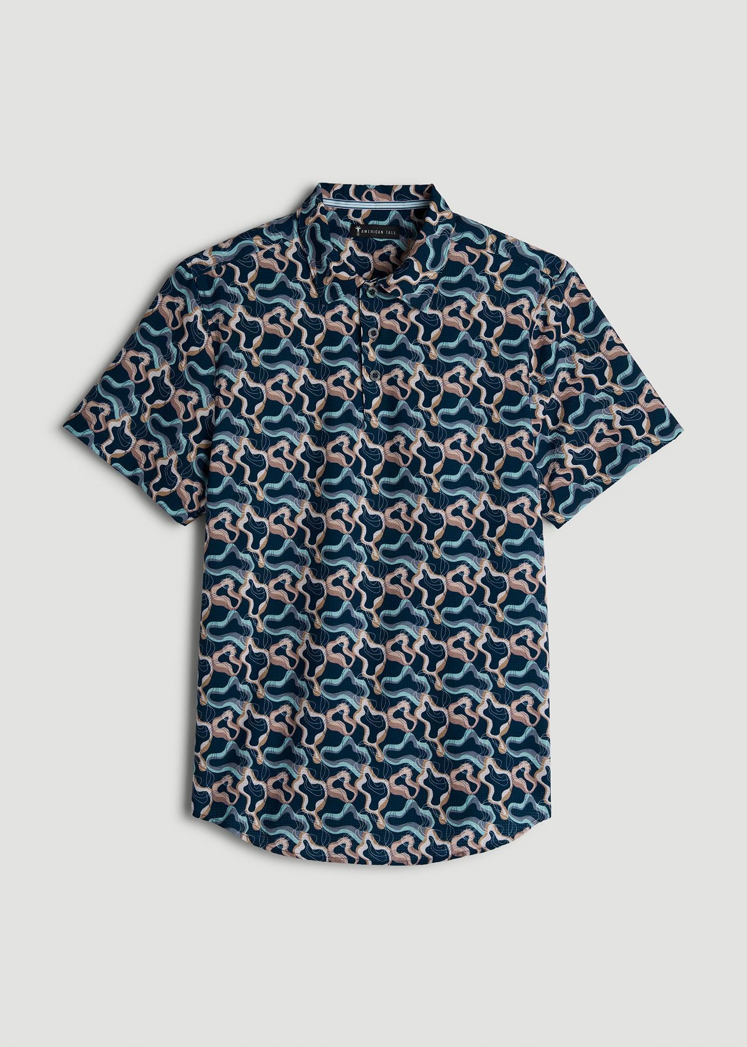 Coastal Perforated Tall Men's Polo Shirt in Blue and Rose Abstract Product Image
