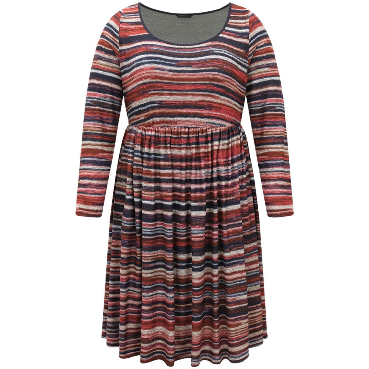 Plus Size Colour Striped Heather Elastic Waist Scoop Neck Dress Multicolor Women Casual Printed Scoop Neck Long Sleeve Curvy Midi Dress BloomChic 28/5X Product Image