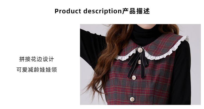 Sleeveless Peter Pan Collar Plaid Bow Accent Lace Trim Midi A-Line Dungaree Dress Product Image