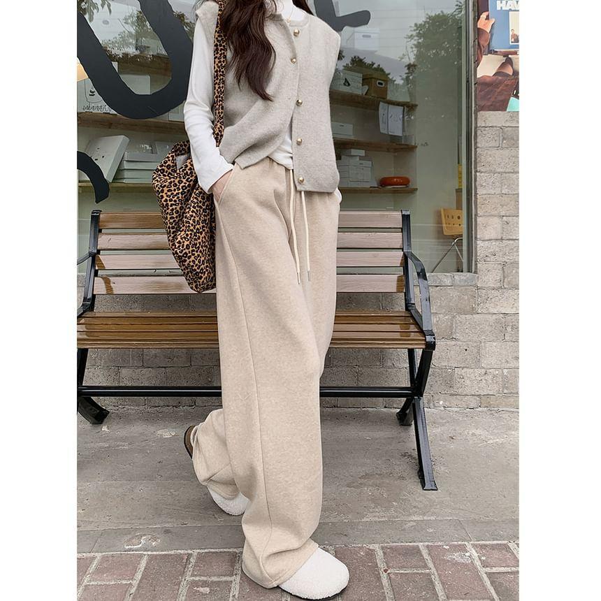 Drawstring Waist Fleece-Lined Wide Leg Pants Product Image