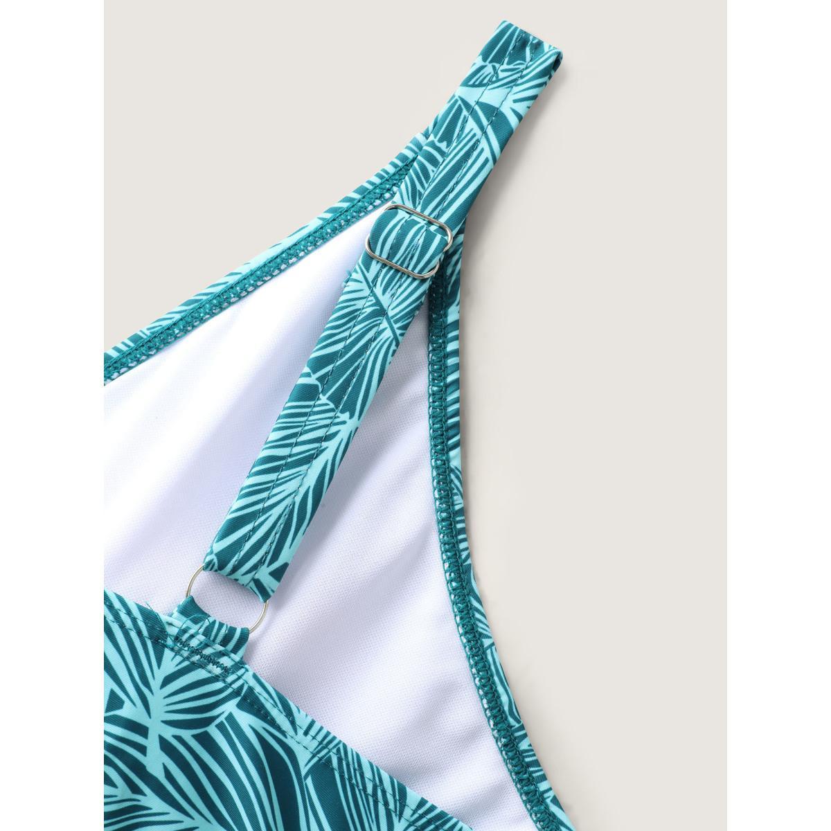 Plus Size Leafy Print Fit and Flare Swim Dress Women's Swimwear Cyan Beach Bodycon Overlap Collar High stretch Curve Swim Dresses BloomChic 18-20/2X Product Image