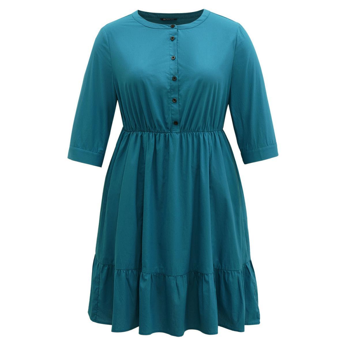 Plus Size Solid Button Up Ruffles Pocket Gathered Dress Aegean Women Office Plain Round Neck Elbow-length sleeve Curvy Midi Dress BloomChic 30/6X Product Image