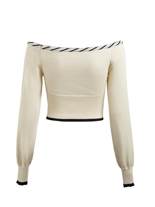Contrast Trim Off Shoulder Cropped Long Sleeve Knit Product Image