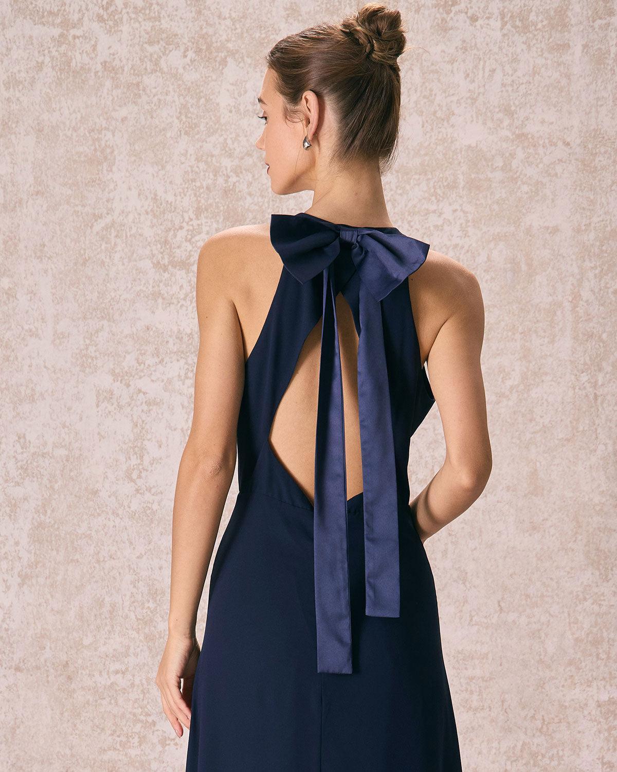 The Navy Halter Bowknot Back Maxi Dress Product Image