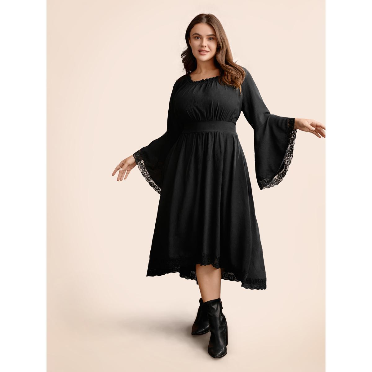Plus Size Gothic Inspired Lotus Sleeves Midi Dress Black Women Cocktail Woven ribbon&lace trim Party Curvy Bloomchic 18-20/2X Product Image