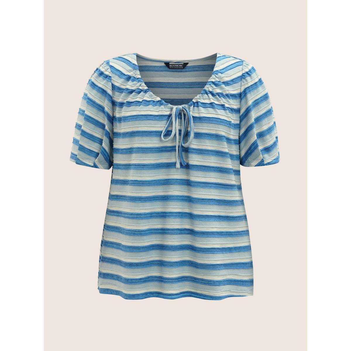 Plus Size V Neck Textured Striped Tie Knot T-shirt Skyblue Women Casual Texture V-neck Everyday T-shirts BloomChic 30/6X Product Image