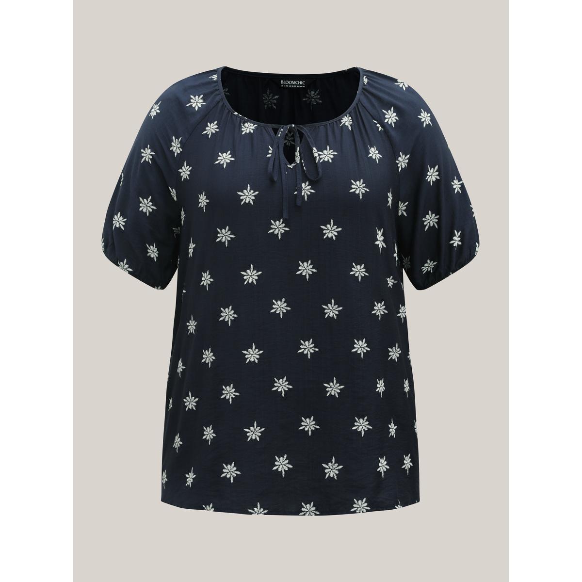 Plus Size Indigo Boho Print Keyhole Pleated Blouse Women Half Sleeve V-neck Vacation Blouses BloomChic 14-16/1X Product Image