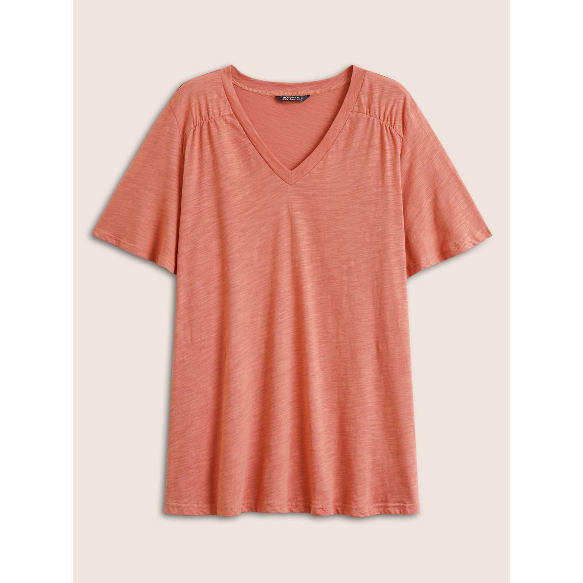 Plus Size Plain Ruffle Sleeve Heather V Neck T-shirt Rust Women Casual Plain V-neck Everyday T-shirts BloomChic 14-16/1X Product Image