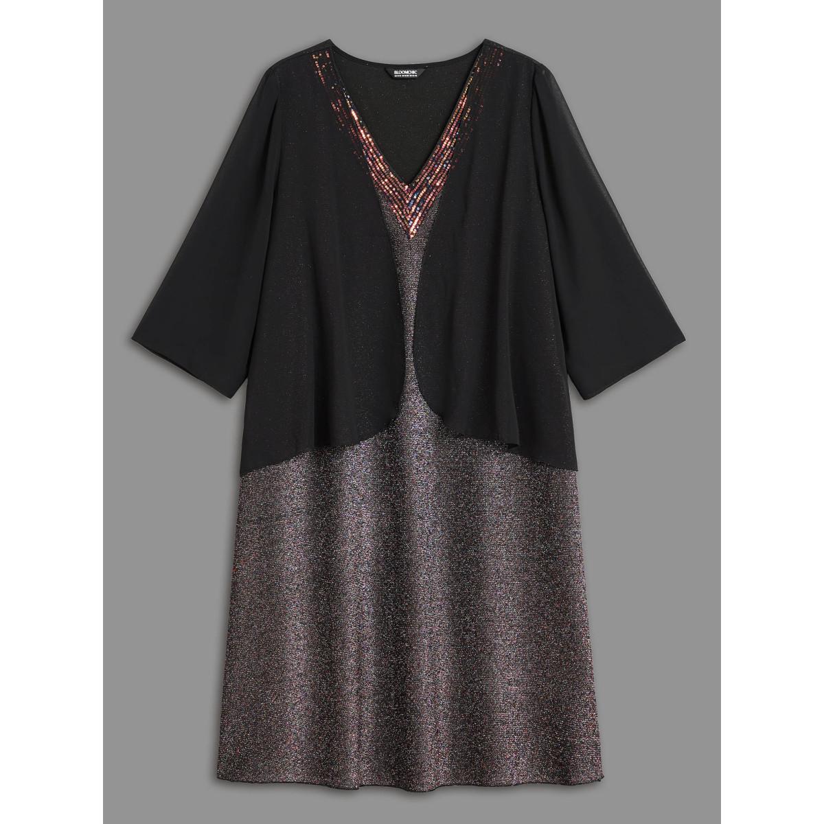 Plus Size 2-In-1 Sequin Patchwork Mesh Dress Black Women Cocktail Texture Party Curvy Bloomchic 28/5X Product Image
