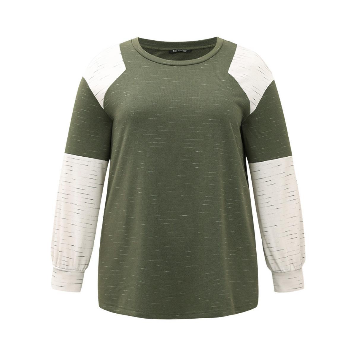 Plus Size Colorblock Patchwork Raglan Sleeve Sweatshirt Women ArmyGreen Casual Contrast Round Neck Everyday Sweatshirts BloomChic 18-20/2X Product Image