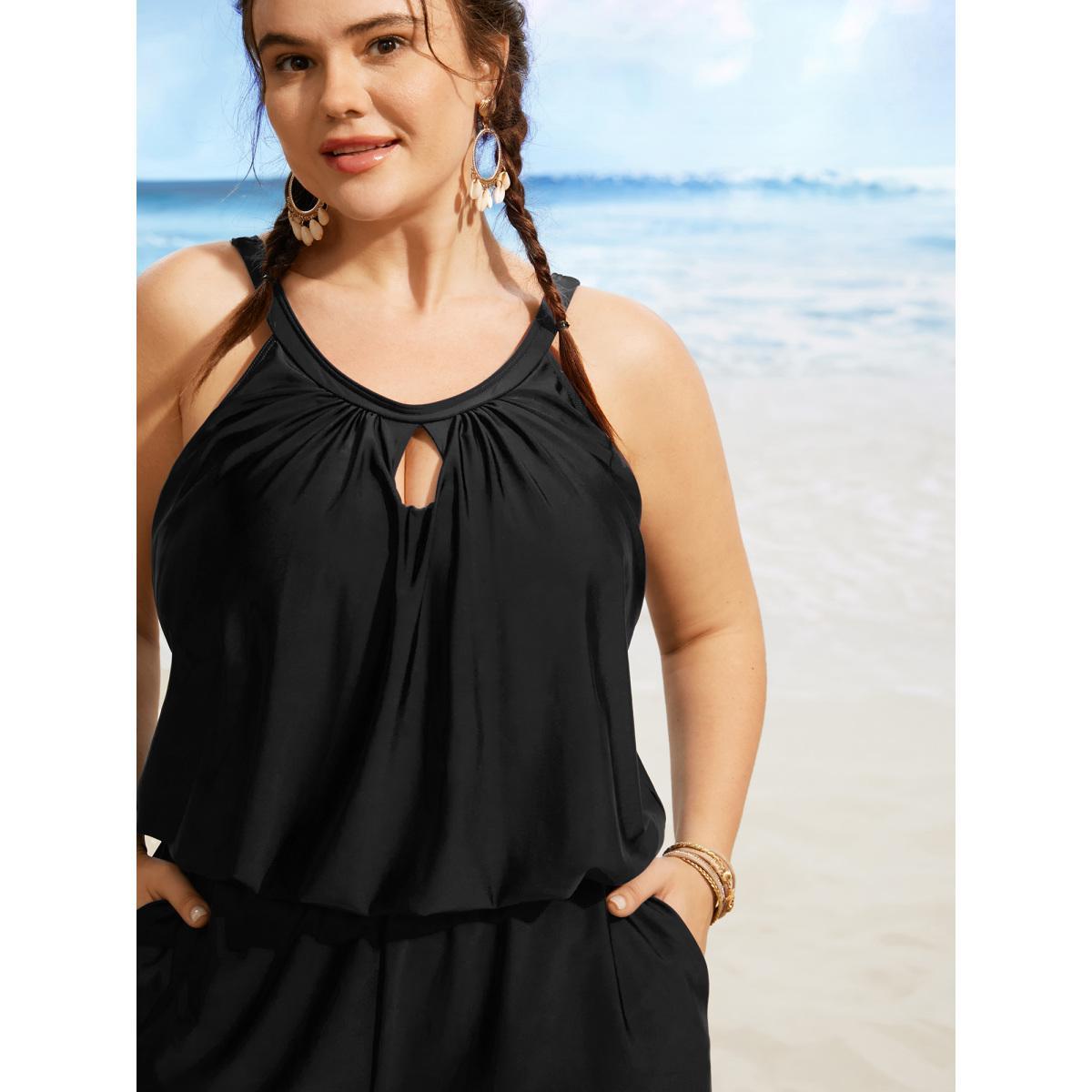 Plus Size Solid Keyhole Elastic Waist Gathered One Piece Swimsuit Women's Swimwear Black Beach Gathered Curve Bathing Suits High stretch One Pieces BloomChic 10/M Product Image