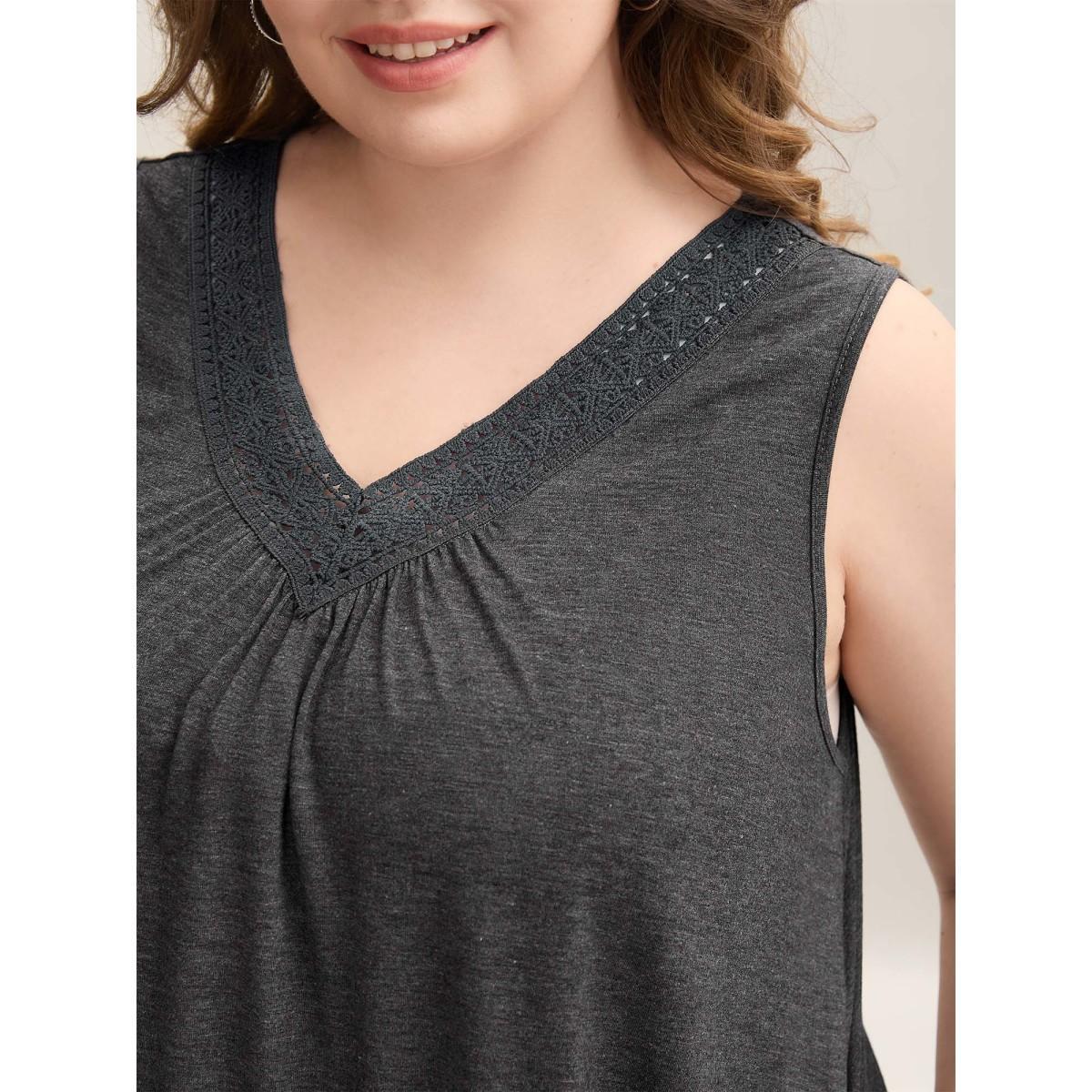 Plus Size Lace Spliced Pleated Sleeveless Solid Top Women DimGray Casual Woven ribbon&lace trim V-neck Everyday-Casual Tank Tops Camis BloomChic 28/5X Product Image