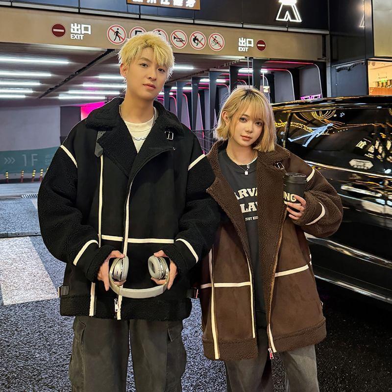 Couple Matching Collared Panel Faux Shearling Zip Jacket Product Image