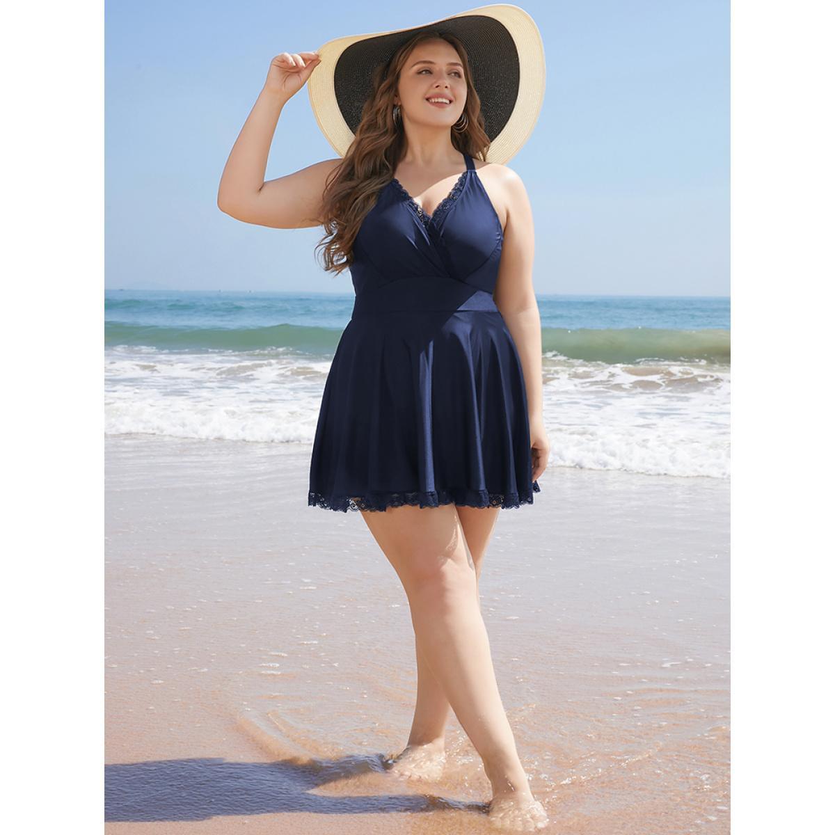 Plus Size Lace Trim Wrap Crossover Back Ruffles Swim Dress Women's Swimwear Indigo Vacation Bodycon High stretch Curve Swim Dresses BloomChic 12/L Product Image