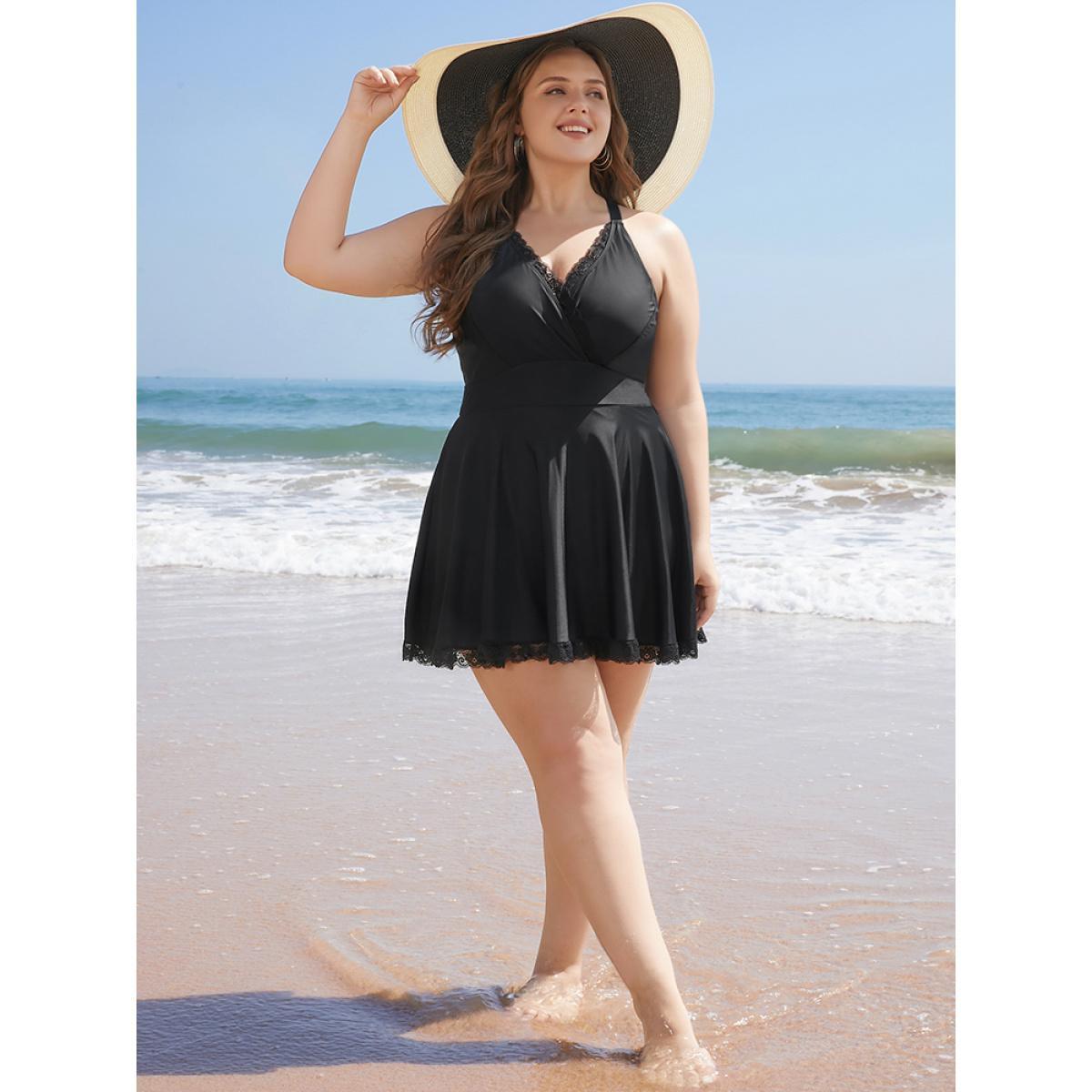 Plus Size Lace Trim Wrap Crossover Back Ruffles Swim Dress Women's Swimwear Black Vacation Bodycon High stretch Curve Swim Dresses BloomChic 28/5X Product Image