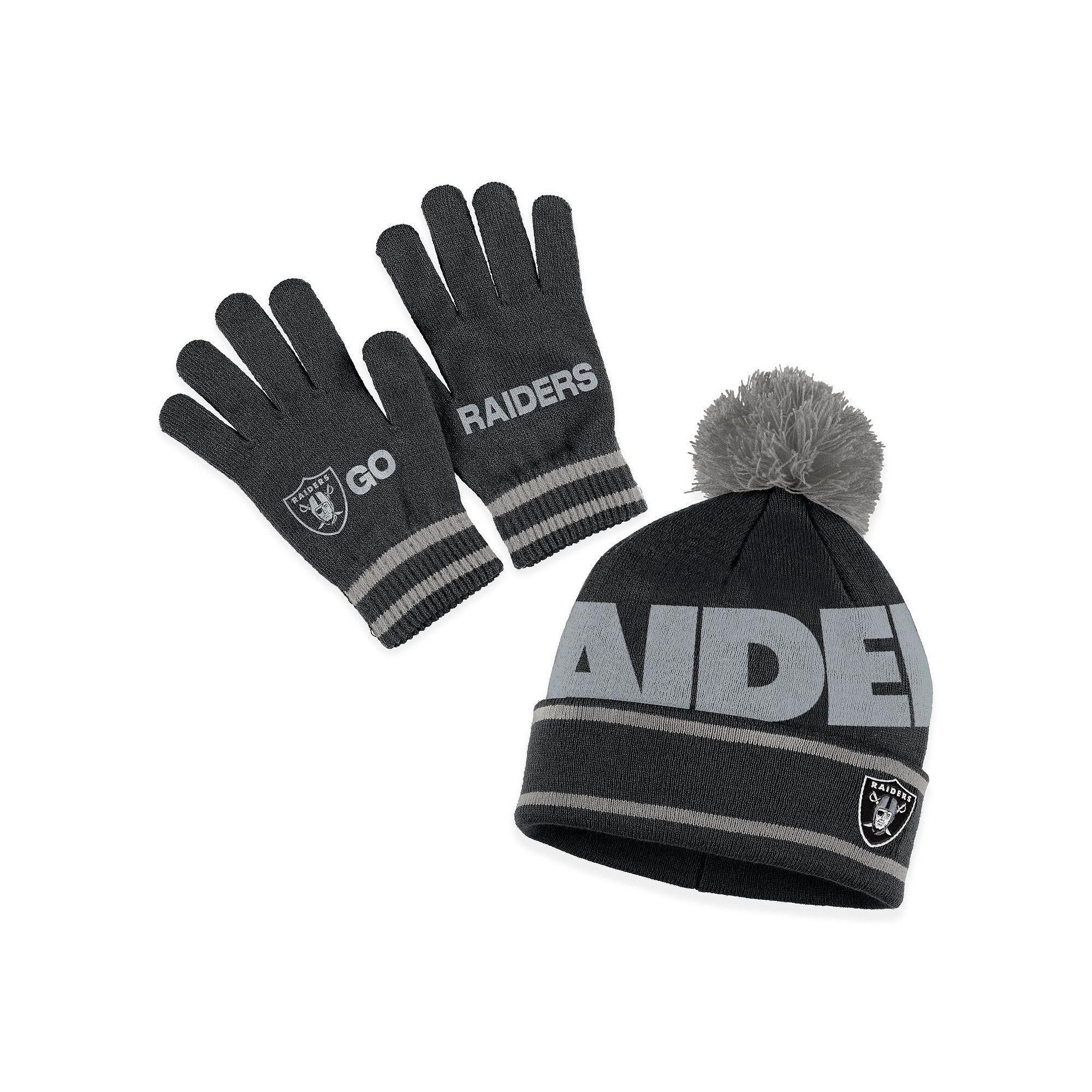 Women's WEAR by Erin Andrews Black Las Vegas Raiders Double Jacquard Cuffed Knit Hat with Pom and Gloves Set, Lvr Black Product Image