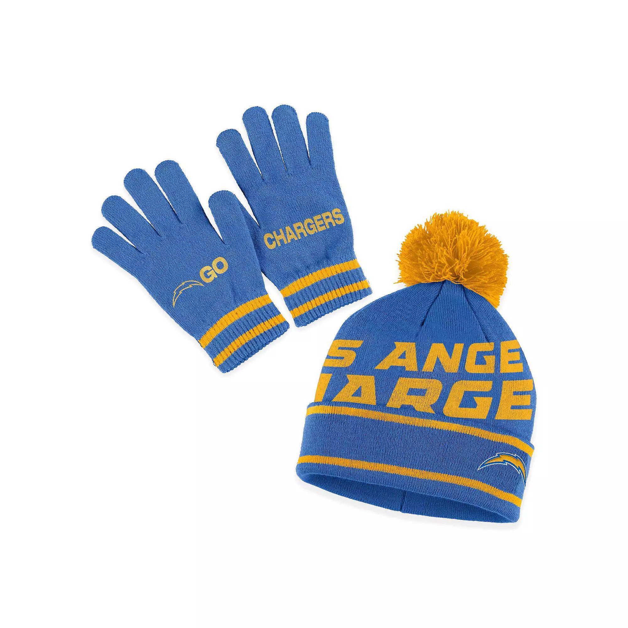 Women's WEAR by Erin Andrews  Navy New England Patriots Double Jacquard Cuffed Knit Hat with Pom and Gloves Set, Blue Product Image