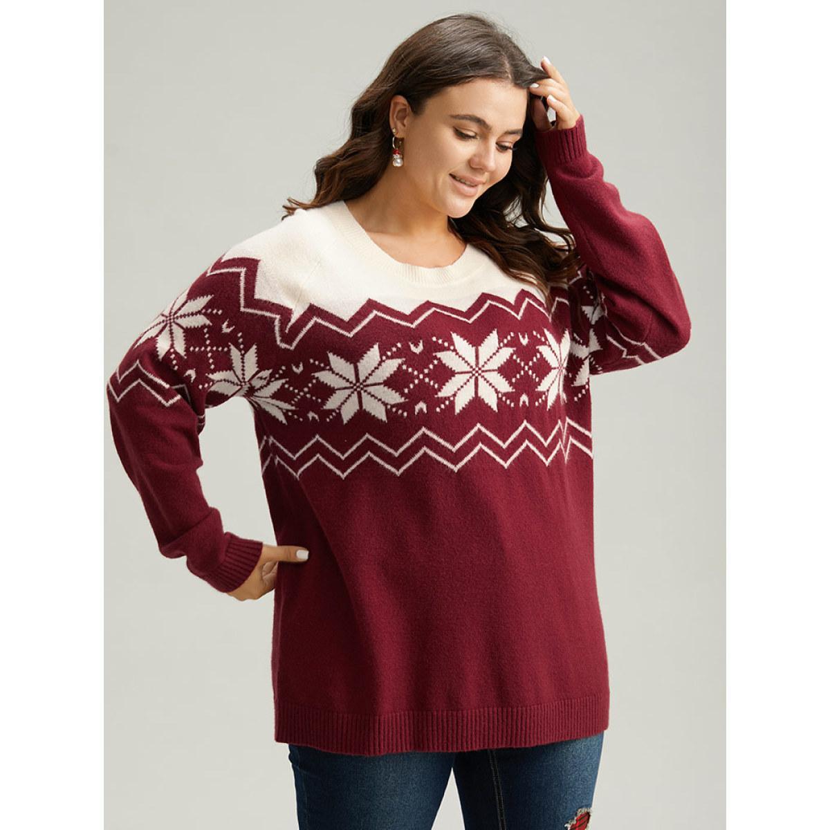 Plus Size Supersoft Essentials Snowflake Colorblock Pullover Scarlet Women Casual Loose Long Sleeve Round Neck Festival-Christmas Pullovers BloomChic 12/L Product Image