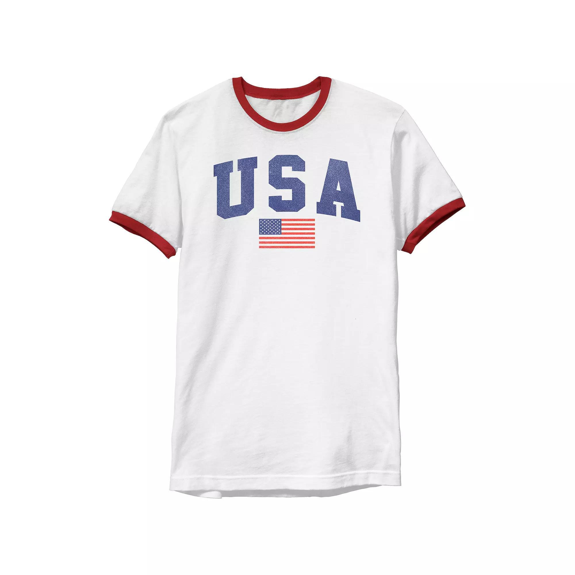 Men's USA Flag Ringer Graphic Tee, Size: Large, White Red Product Image