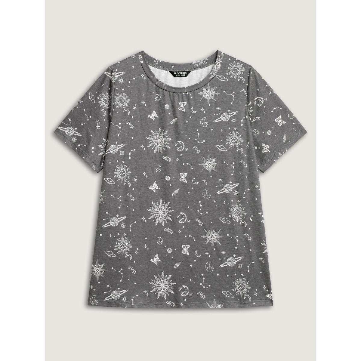 Plus Size Celestial Print Crew Neck T-Shirt DimGray Women Non Round Neck Everyday-Casual T-shirts BloomChic 26/4X Product Image