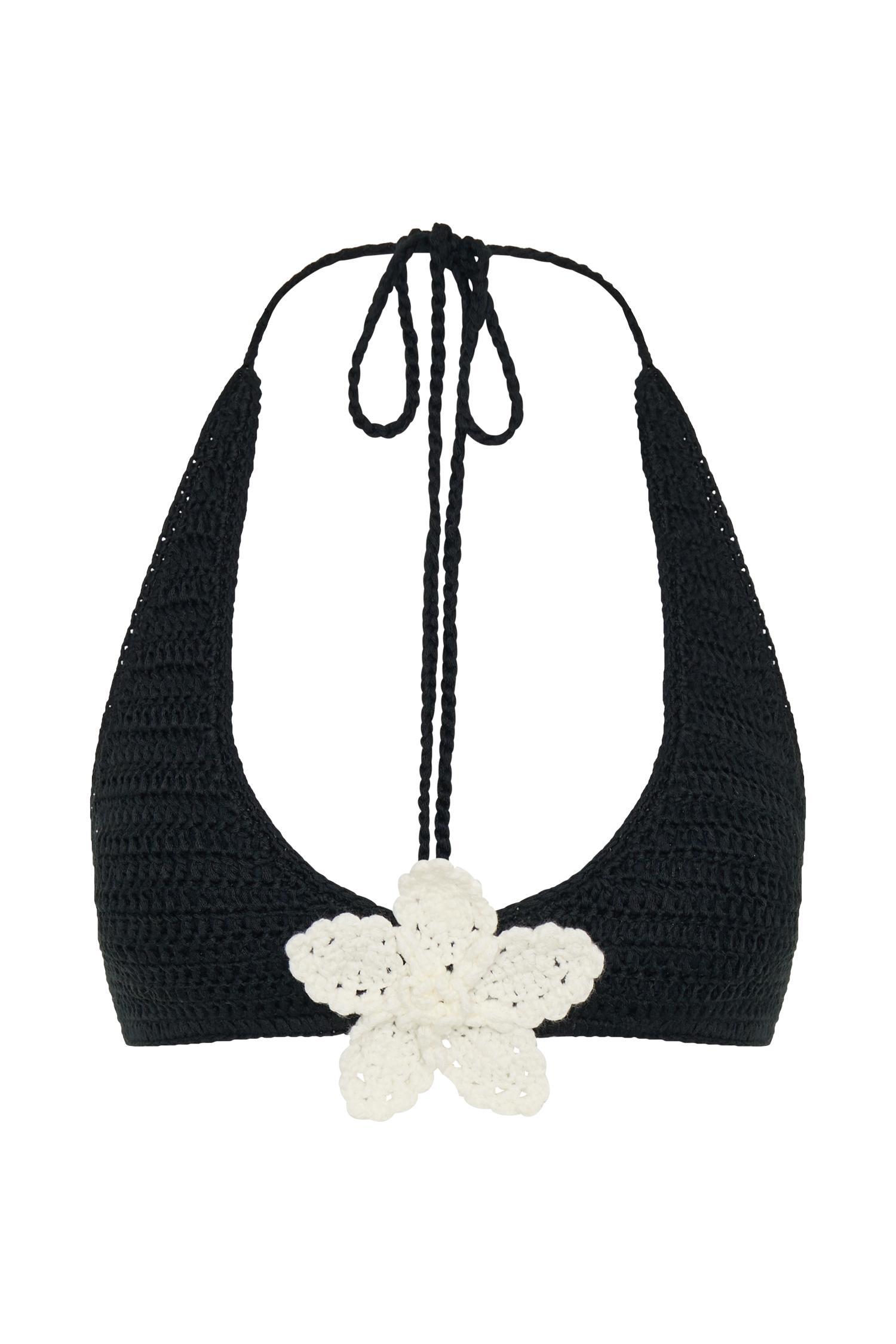 Rhiannon Floral Crochet Halter Bikini Top - Black And White Product Image