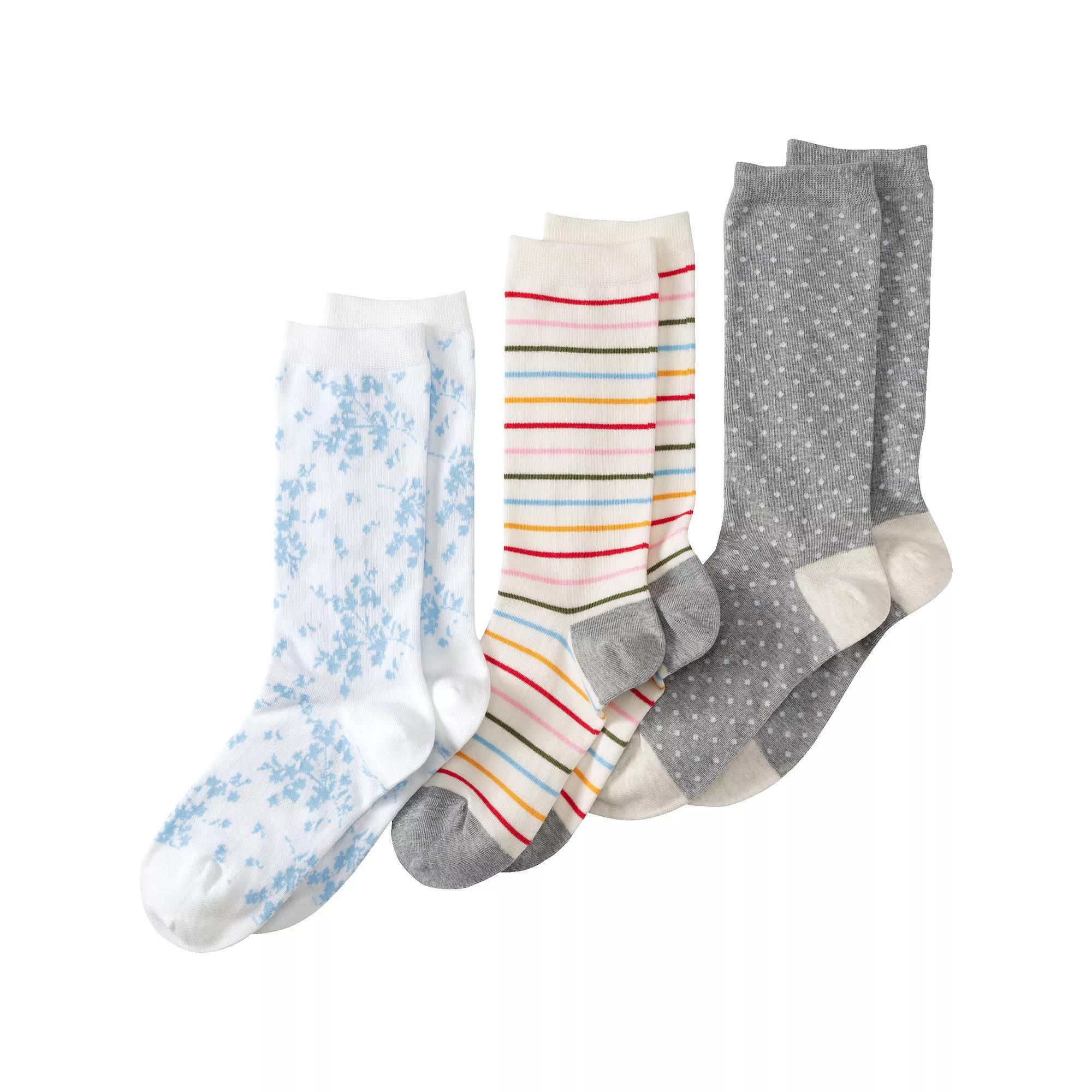 Womens Lands' End Seamless Toe Patterned Crew Socks 3-Pack, Women's, Snow Floral Stripe Product Image