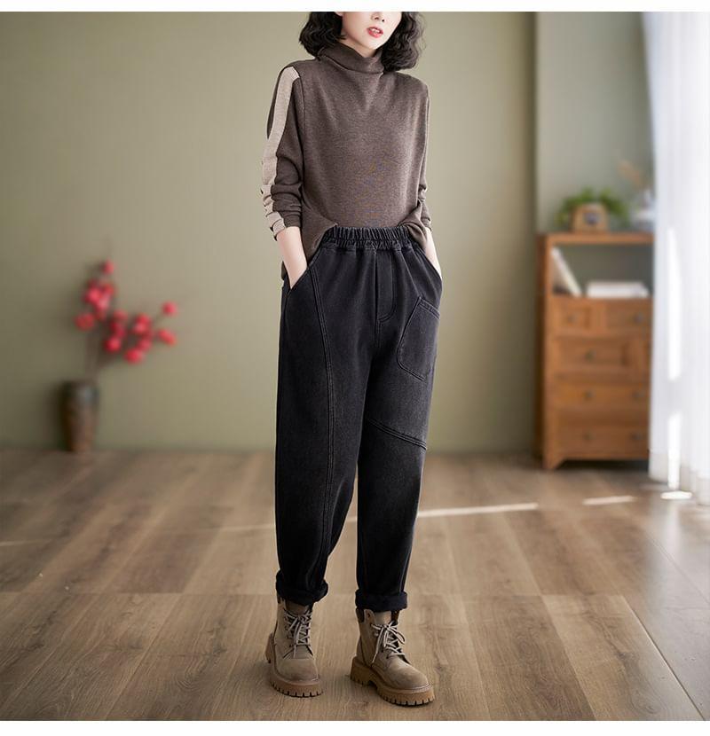 Elastic Waist Fleece-Lined Washed Baggy Jeans Product Image