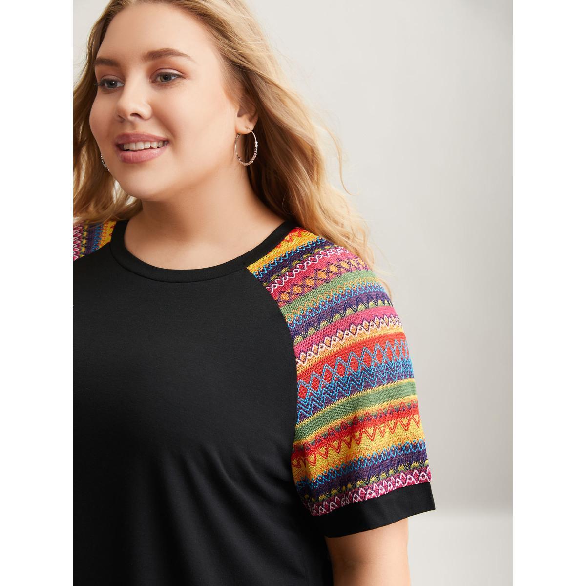 Plus Size Multi-Color Striped Sleeve Spliced T-Shirt Black Women Casual Contrast Round Neck Everyday T-shirts BloomChic 28/5X Product Image