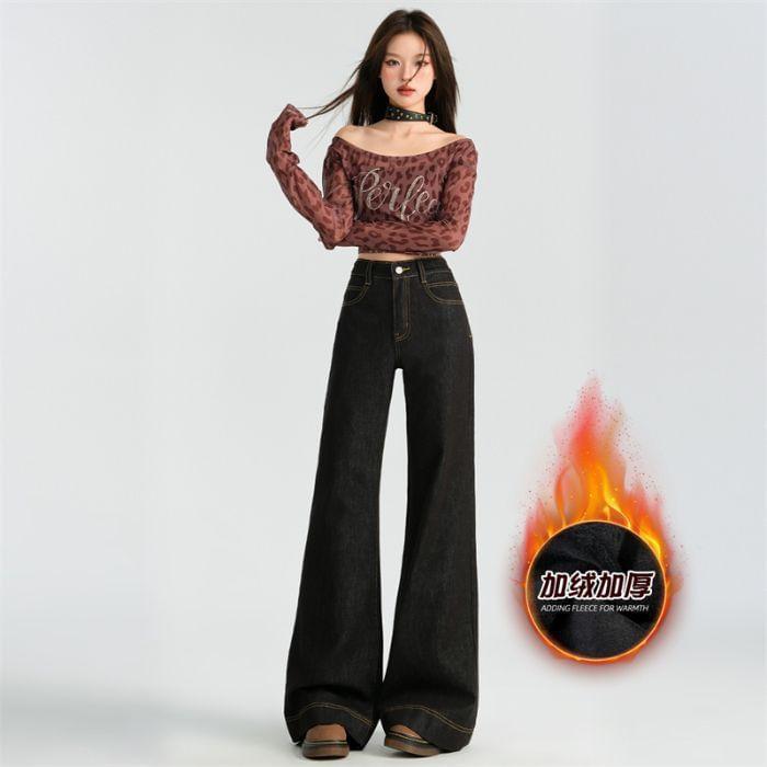 High Waist Unwashed Fleece-Lined Flared Jeans (Various Designs) Product Image