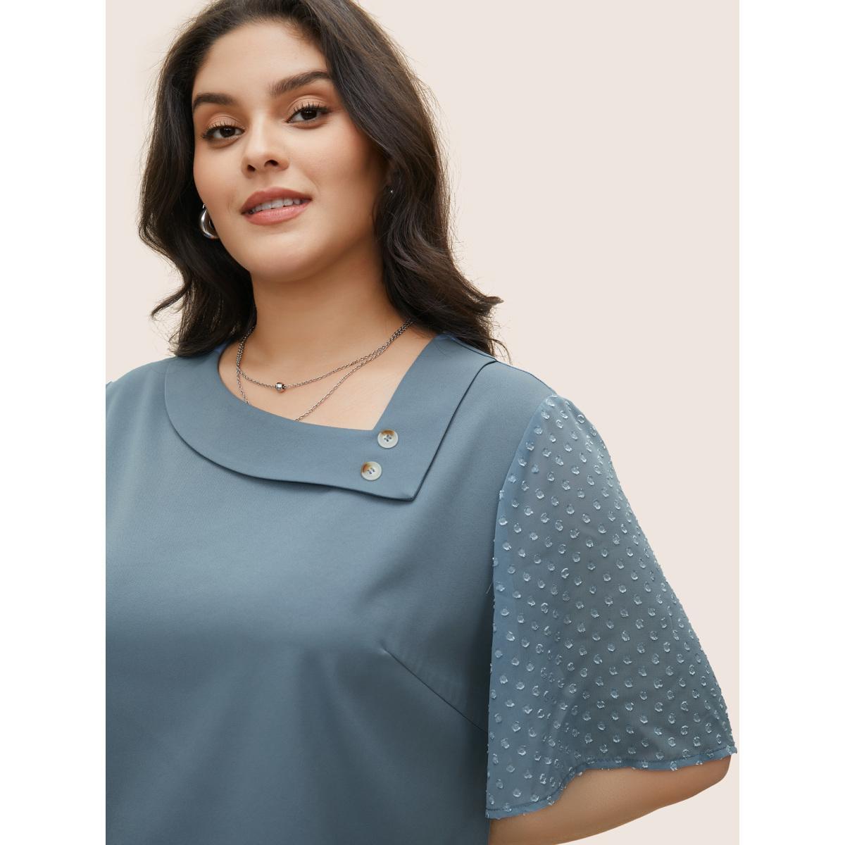 Plus Size Stone Patchwork Chiffon Asymmetrical Neck Button Detail Blouse Women At the Office Half Sleeve Asymmetrical Neck Work Blouses BloomChic 26/4X Product Image