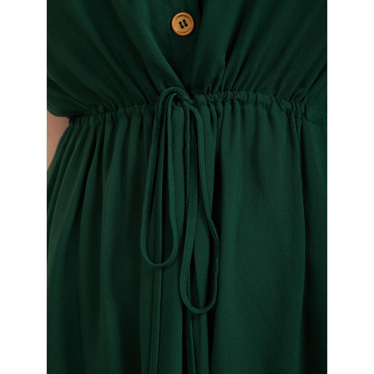 Plus Size Plain Ties Front Button Pocket V Neck Dress DarkGreen Women Work From Home Button V-neck Sleeveless Curvy Knee Dress BloomChic 10/M Product Image