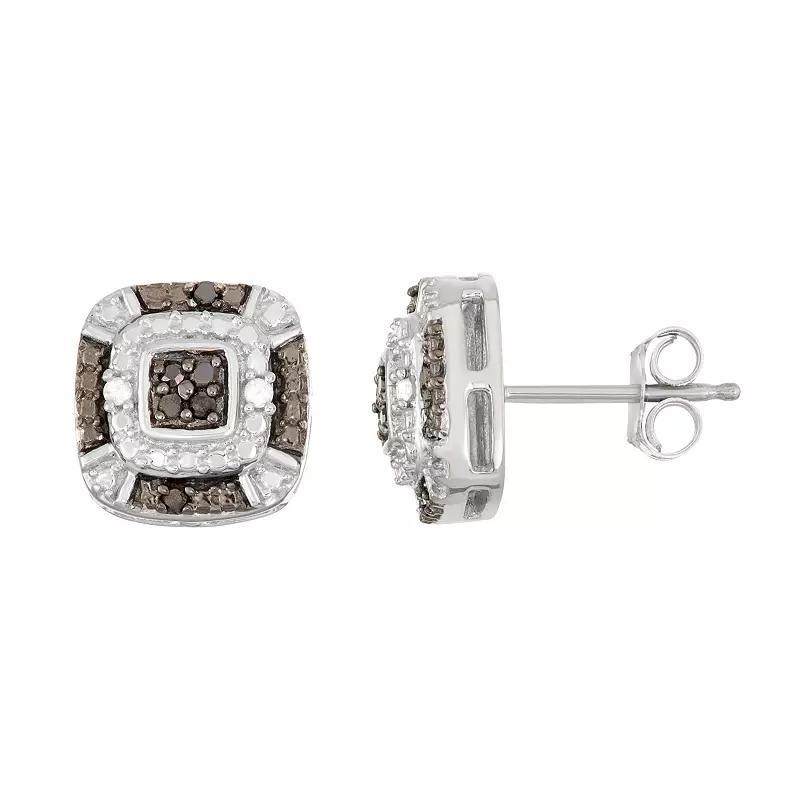 Jewelexcess Sterling Silver 1/10 Carat T.W. Black & White Diamond Square Halo Stud Earrings, Women's Product Image