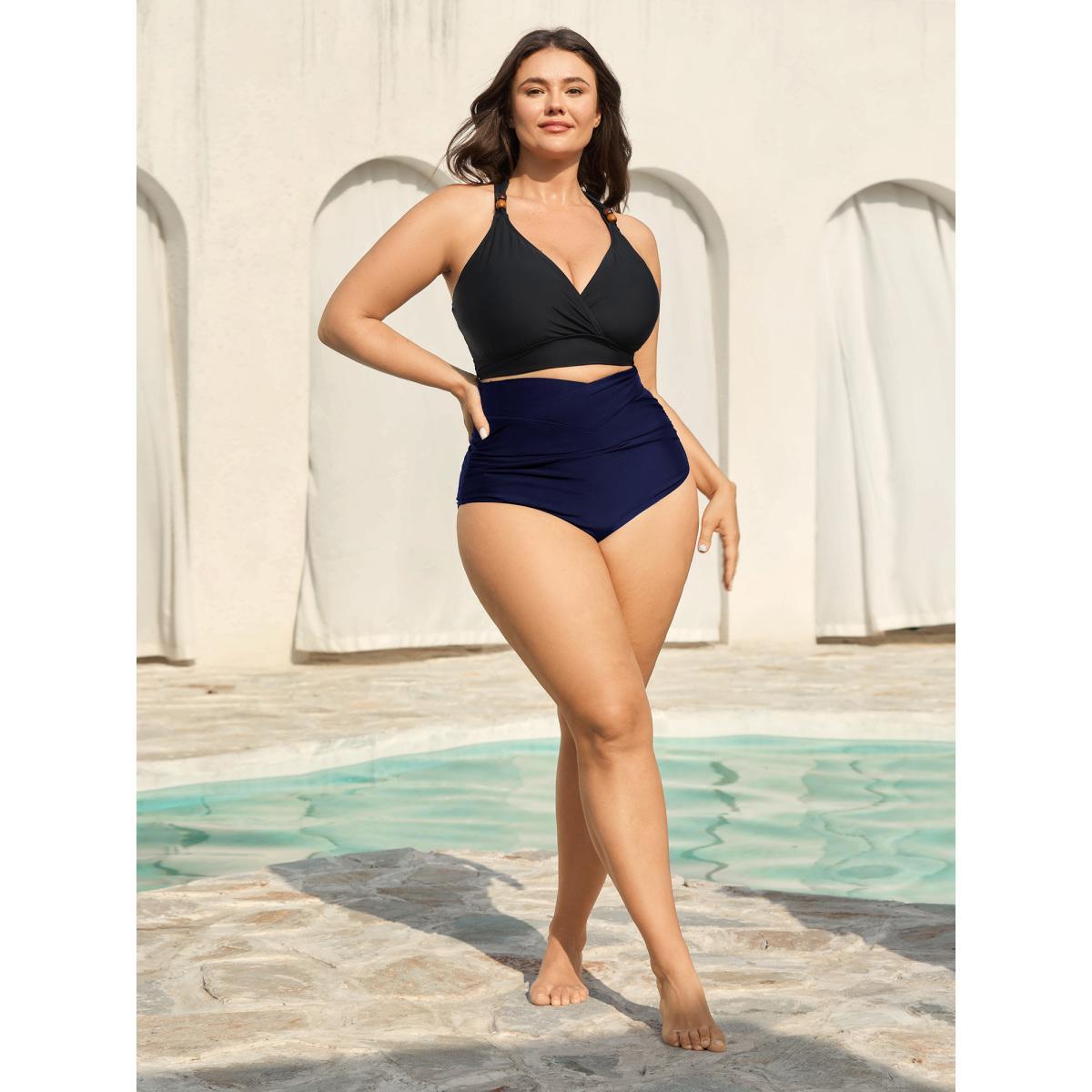 Plus Size Cross High Waist Ruched Swim Bottoms Women's Swimwear Indigo Beach Overlapping High stretch Skinny High Rise Curve Swim Bottoms BloomChic 30/6X Product Image