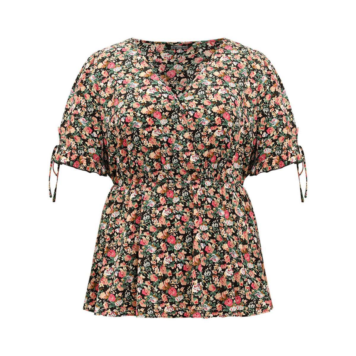 Plus Size Black Ditsy Floral Wrap Ties Gathered Ruffle Hem Blouse Women Elegant Short sleeve V-neck Dailywear Blouses BloomChic 22-24/3X Product Image