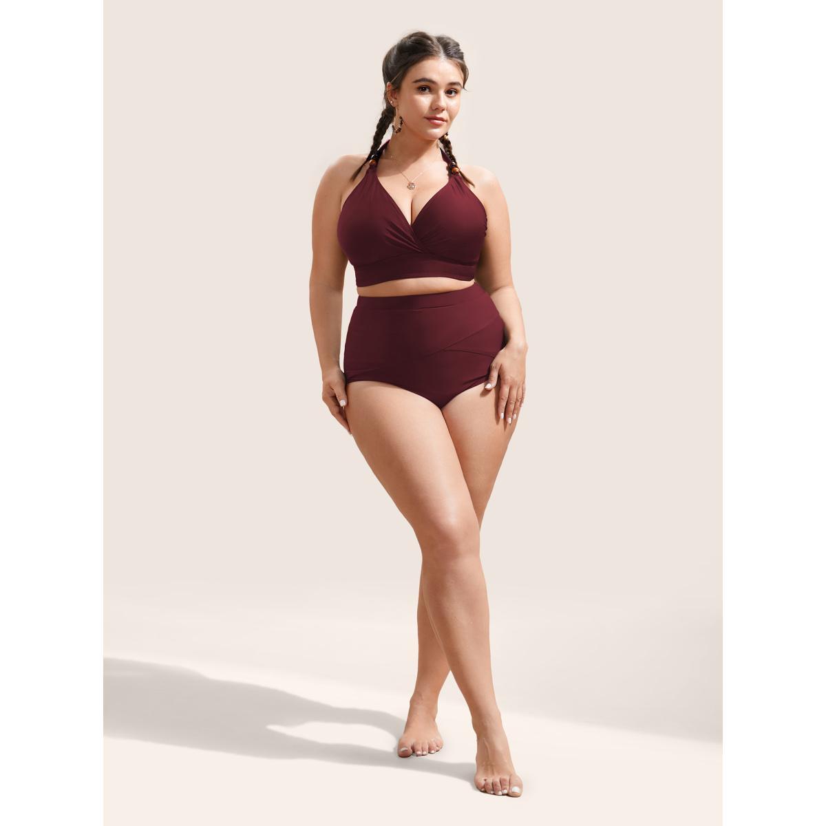 Plus Size Plain V Neck High Stretch Tie Knot Swim Top Women's Swimwear Cyan Beach Tie knot High stretch Skinny Overlap Collar Curve Swim Tops BloomChic 18-20/2X Product Image