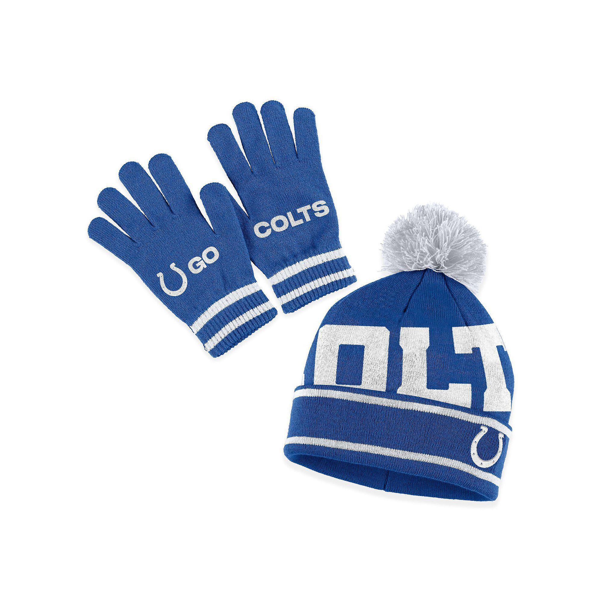 Women's WEAR by Erin Andrews Royal Indianapolis Colts Double Jacquard Cuffed Knit Hat with Pom and Gloves Set, Blue Product Image