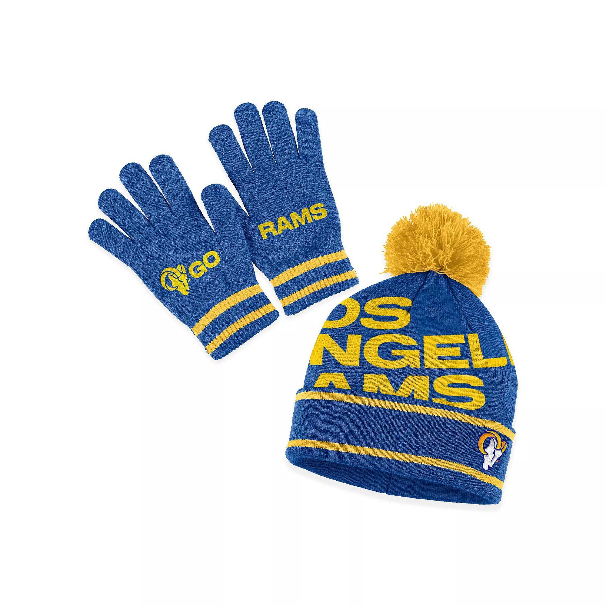 Women's WEAR by Erin Andrews Royal Los Angeles Rams Double Jacquard Cuffed Knit Hat with Pom and Gloves Set, Blue Product Image