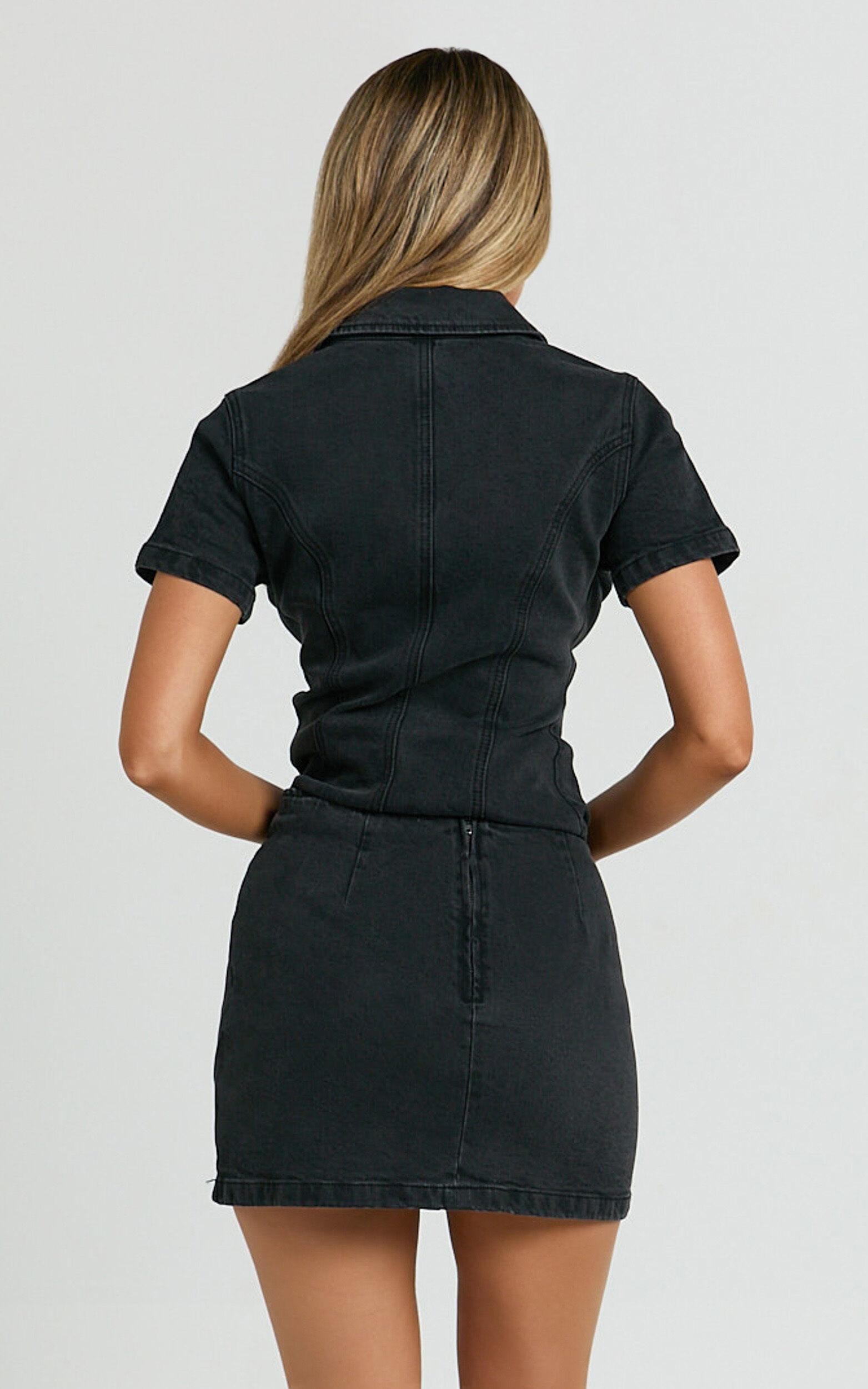 Paige Mini Skirt - High Waisted Denim Skirt in Washed Black Product Image