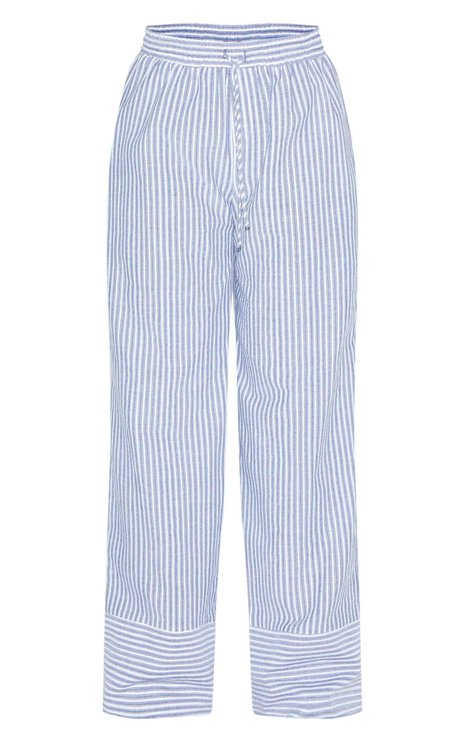 Blue Striped Linen Drawstring Wide Leg Pants Product Image