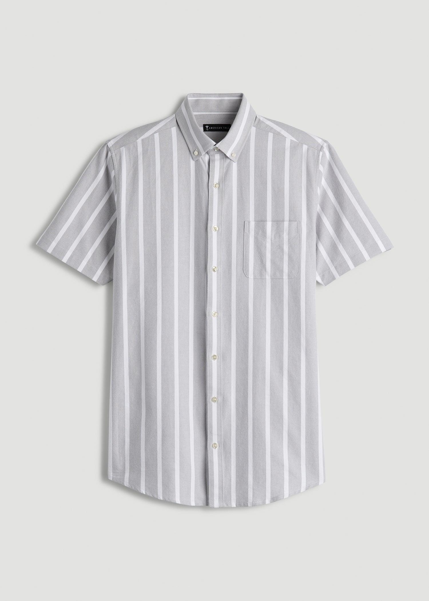 Short Sleeve Oxford Button Shirt For Tall Men in Bold Grey Stripe Product Image