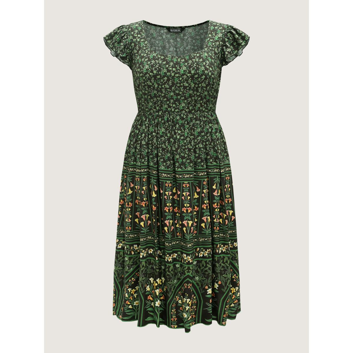 Plus Size Rayon Garden Fresh Ruffled Sleeve Midi Dress DarkGreen Women Heart neckline Cap Sleeve Curvy BloomChic 14-16/1X Product Image