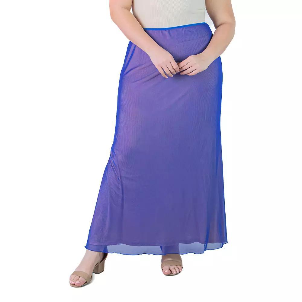 Plus Size 24Seven Comfort Apparel Print Sheer Overlay Elastic Waist Maxi Skirt, Womens Blue Product Image
