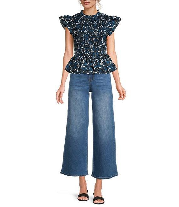 Sugarlips Etta Floral Print Mock Neckline Short Sleeve Smocked Peplum Top Product Image