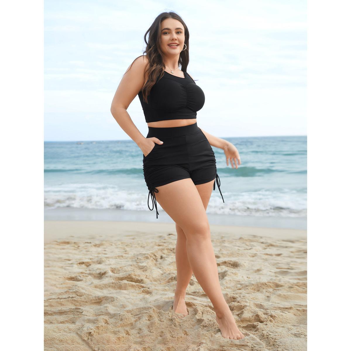 Plus Size Ruched Drawstring Pocket Slim Swim Bottom Women's Swimwear Black Beach Gathered High stretch Skinny High Rise Slanted pocket Curve Swim Bottoms BloomChic 14-16/1X Product Image