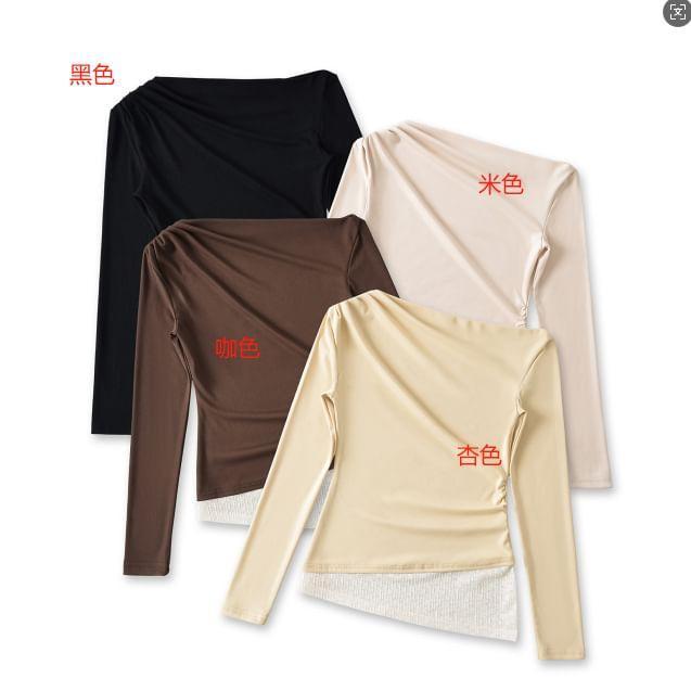 Long-Sleeve Off-Shoulder Two Tone Panel Asymmetrical Slim Fit T-Shirt Product Image
