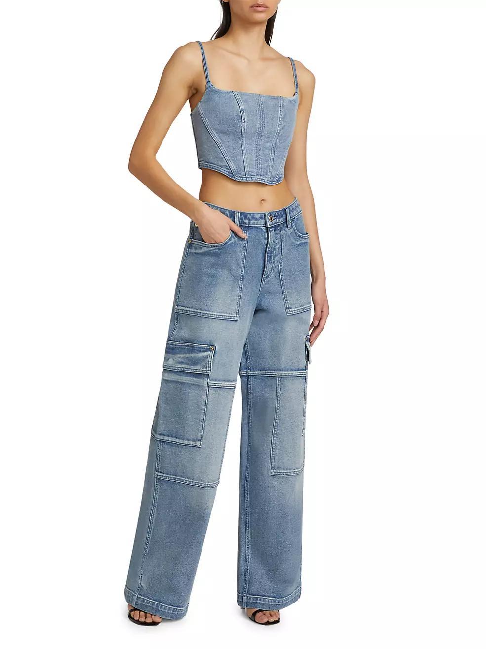 Cotton-Blend Wide-Leg Cargo Jeans Product Image