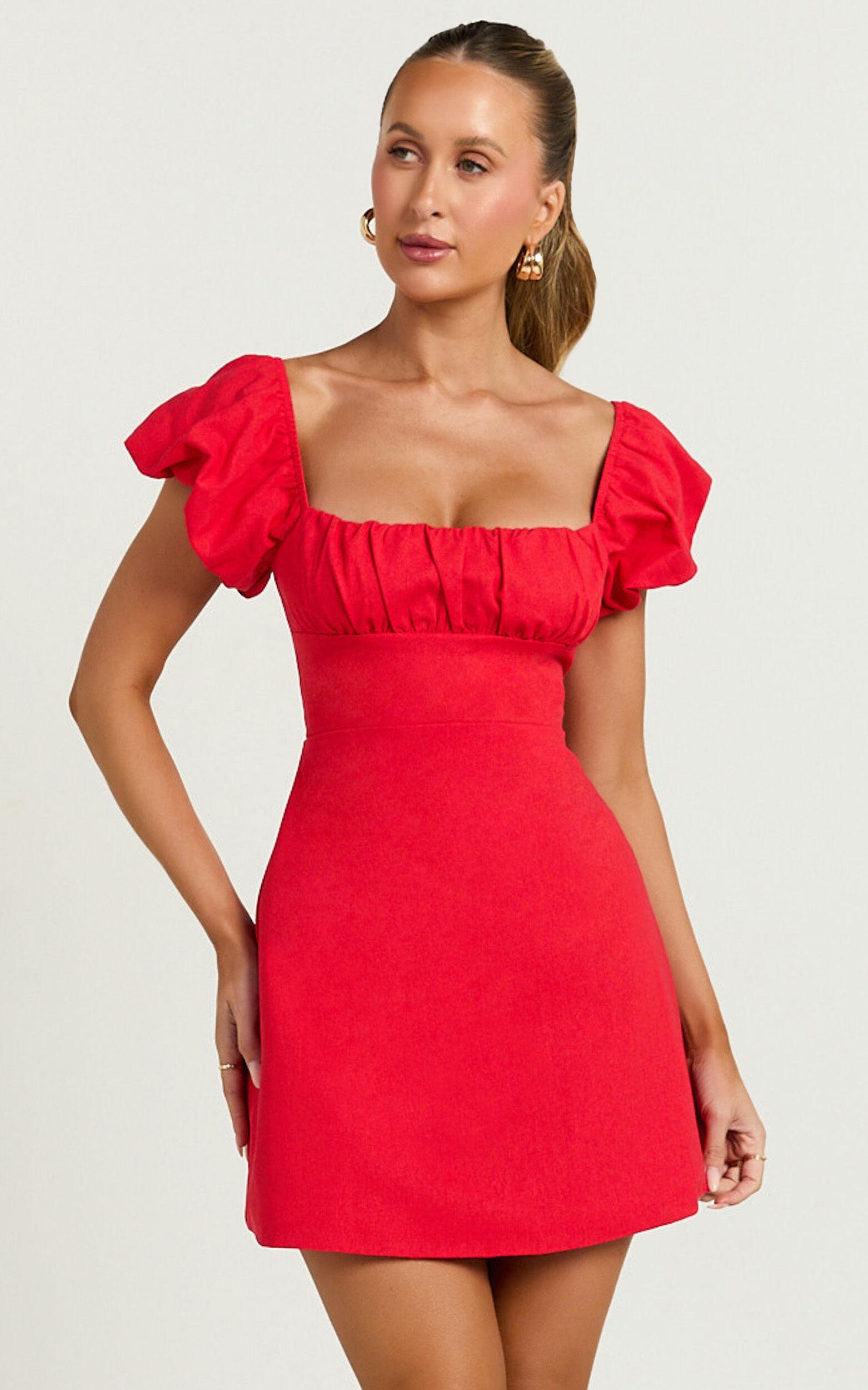 Ginny Mini Dress - Square Neck Ruched Bodice Puff Sleeve Straight Dress in Red Product Image