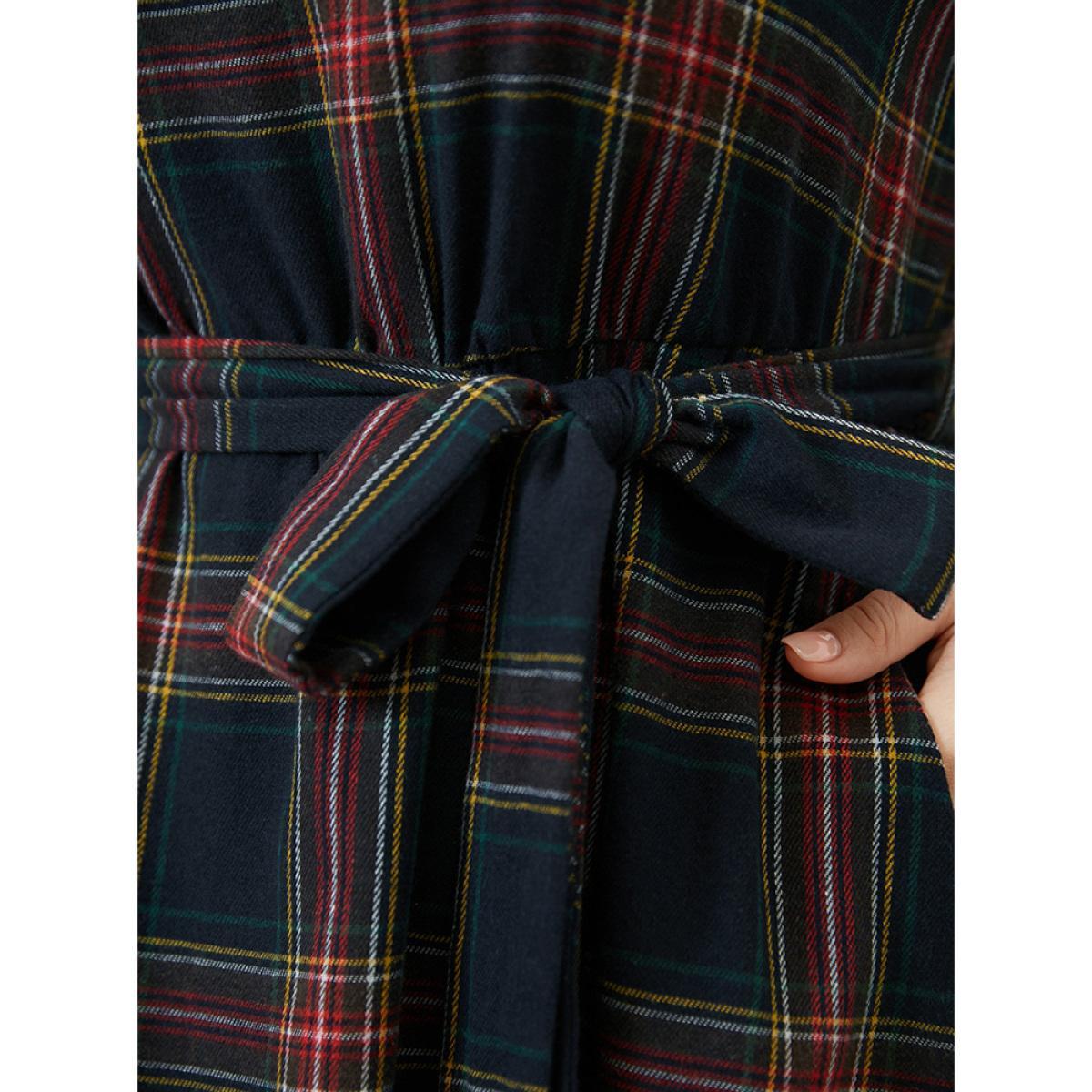 Plus Size Plaid Lantern Sleeve Pocket Belted Square Neck Dress Navy Women Elegant Pocket Square Neck Long Sleeve Curvy Midi Dress BloomChic 30/6X Product Image